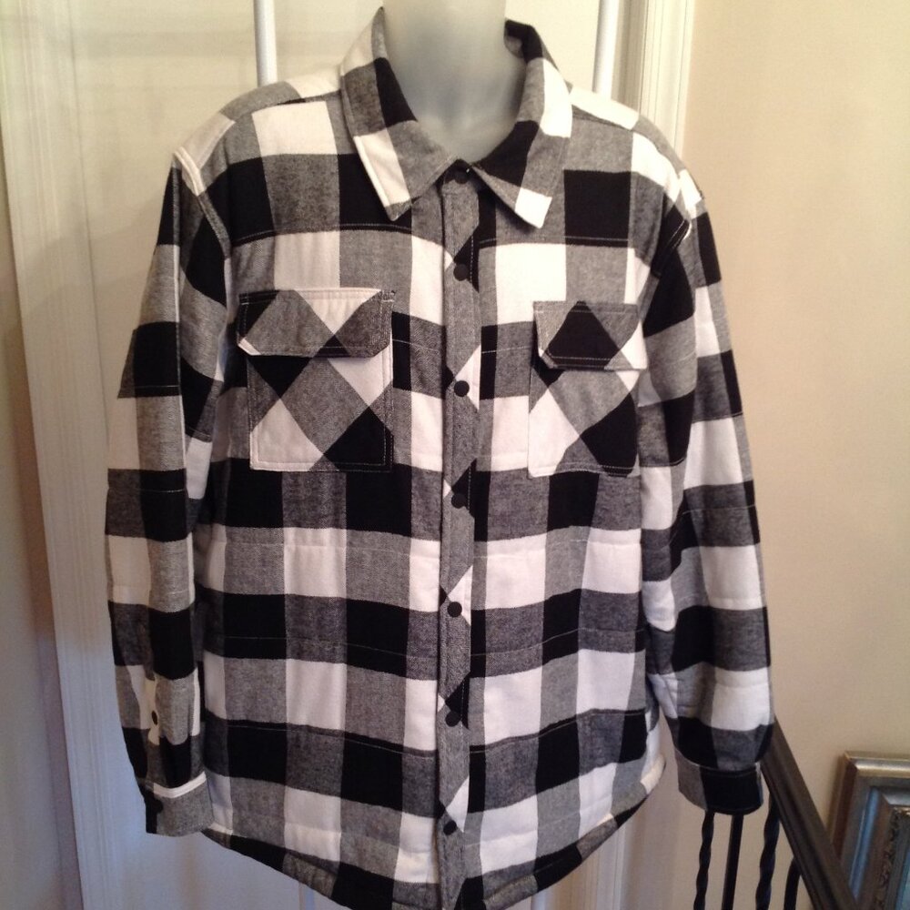 NWT George Tartan Black White Plaid Button Down Fleece Lined Flannel Shirt 2XL